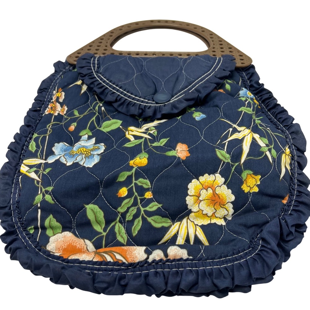 Handmade‎ Floral Quilted Bermuda Bag Handbag Women Navy Blue Ruffle Trim Vintage